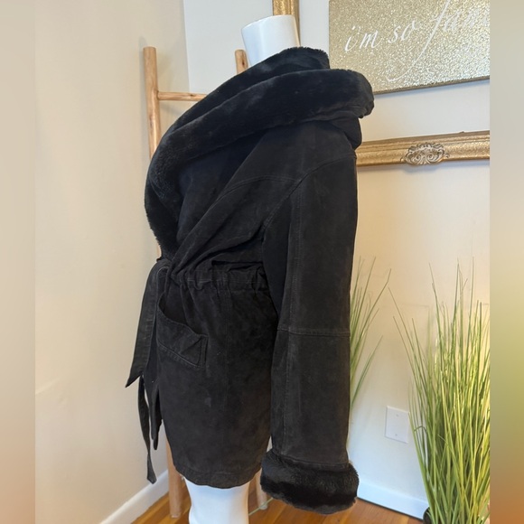 Wilsons Leather Jacket Black Suede Faux Vegan Fur Trim Vintage Retro 90’s Large - Picture 5 of 9